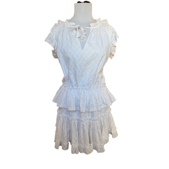 MISA Los Angeles Ruffle Mini Dress White Eyelet Tiered Flutter Sleeve L - Picture 2 of 7